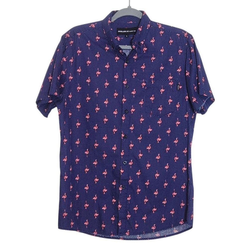 Molokai Surf Co. Navy Flamingo Print Short-Sleeve Button-Down Shirt Size Medium